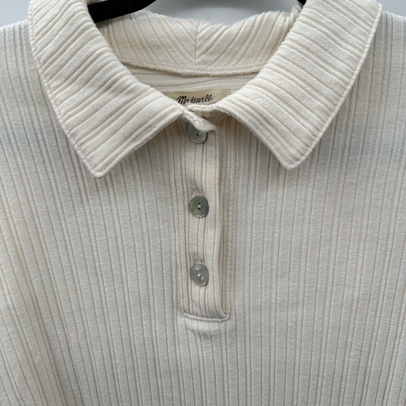 MADEWELL VARIEGATED Ribbed boxy cream 1/4 button stretchy polo.  MEDIUM - Picture 5 of 12